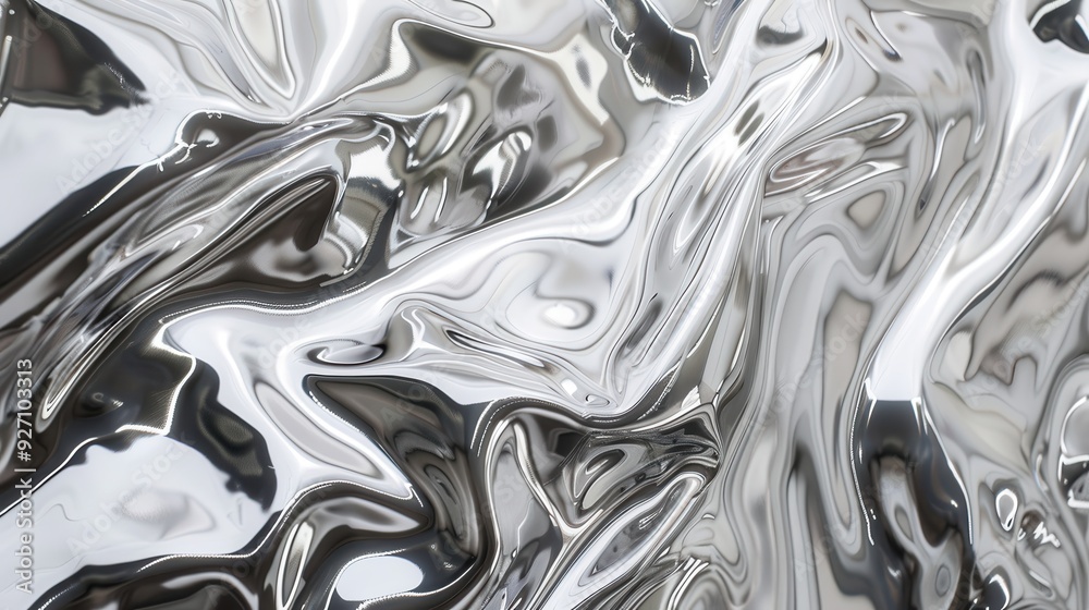 Poster A close-up shot of a metallic, silver liquid surface, exhibiting an abstract pattern of swirling, rippling, and wavy forms. The surface is reflective and captures light, creating a shimmering effect.