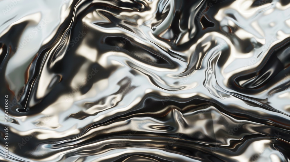 Poster An abstract digital rendering of a silver liquid with wavy, rippling patterns. The surface is smooth and shiny, reflecting light and creating a sense of movement.