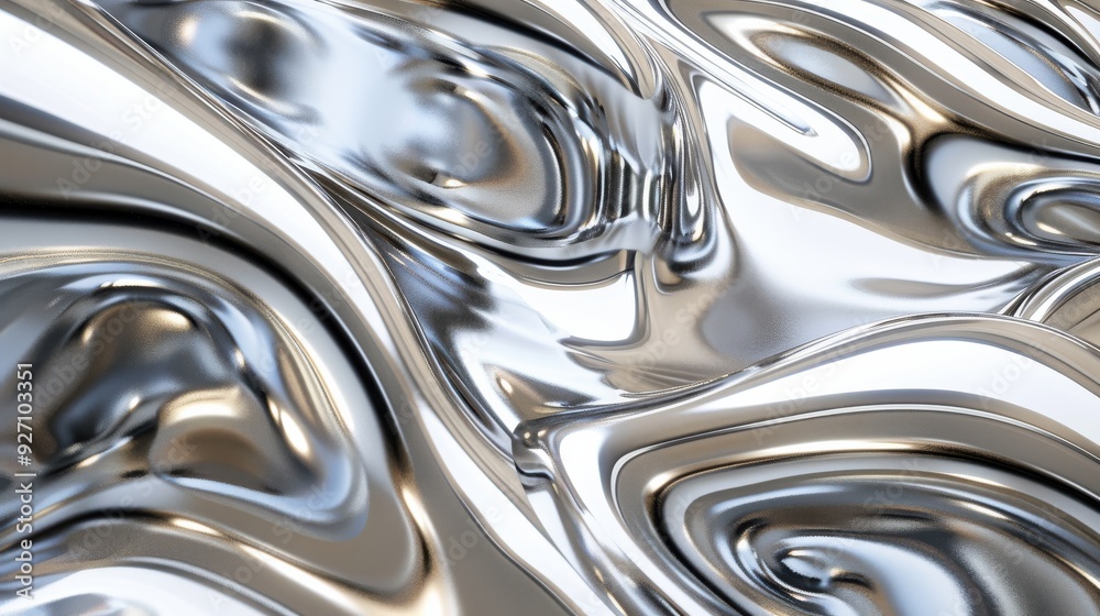 Poster A digitally rendered image of a metallic liquid surface with a wavy texture. The surface is smooth and reflective, and the waves create a sense of movement and depth. The image has a futuristic and ab
