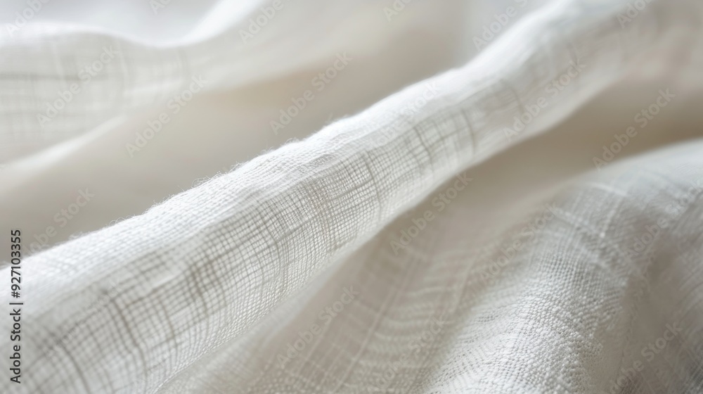 Poster A close-up image of a white linen fabric with a delicate woven pattern. The fabric is soft and textured, with a slightly wrinkled appearance. The light catches the surface of the fabric, highlighting 