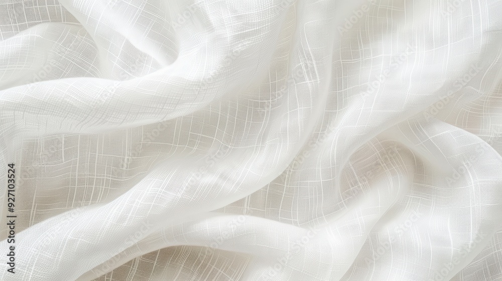 Poster a close-up image of a white linen fabric with a woven texture. the fabric is crumpled and draped, sh