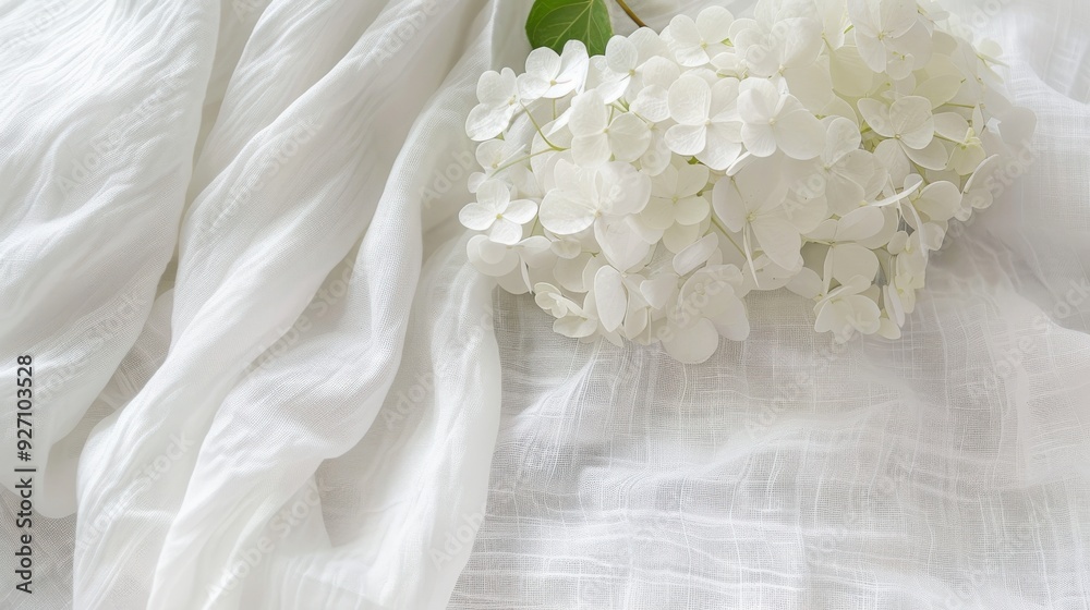 Poster a cluster of white hydrangea blossoms rests gently on a piece of white linen fabric, creating a simp