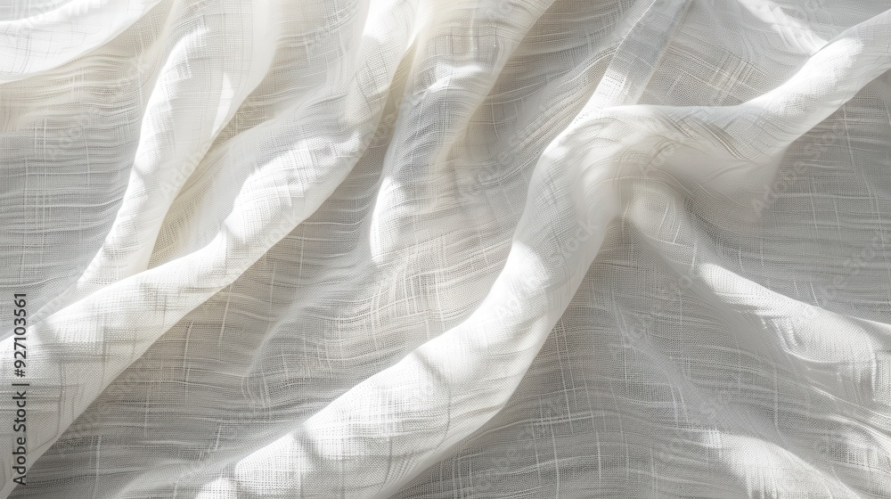 Poster a close-up shot of a white linen fabric, draped and flowing in soft, natural light. the fabric has a