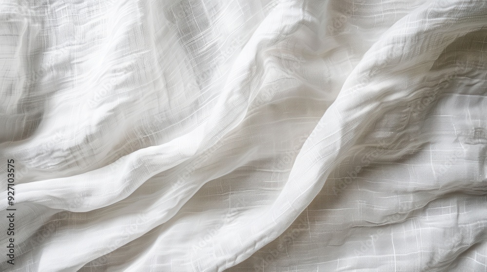Poster a close-up shot of white linen fabric with a subtle grid pattern and soft wrinkles. the fabric is dr