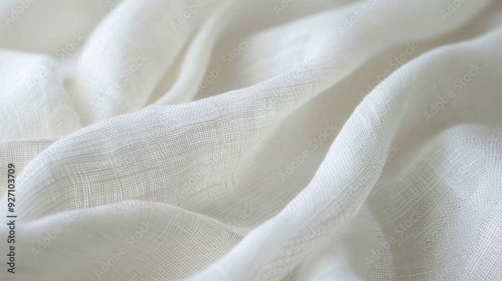 Poster A close-up image of a white linen fabric draped smoothly, showcasing its delicate texture and soft folds. The fabric is lit with a soft, natural light that emphasizes its subtle sheen and highlights t