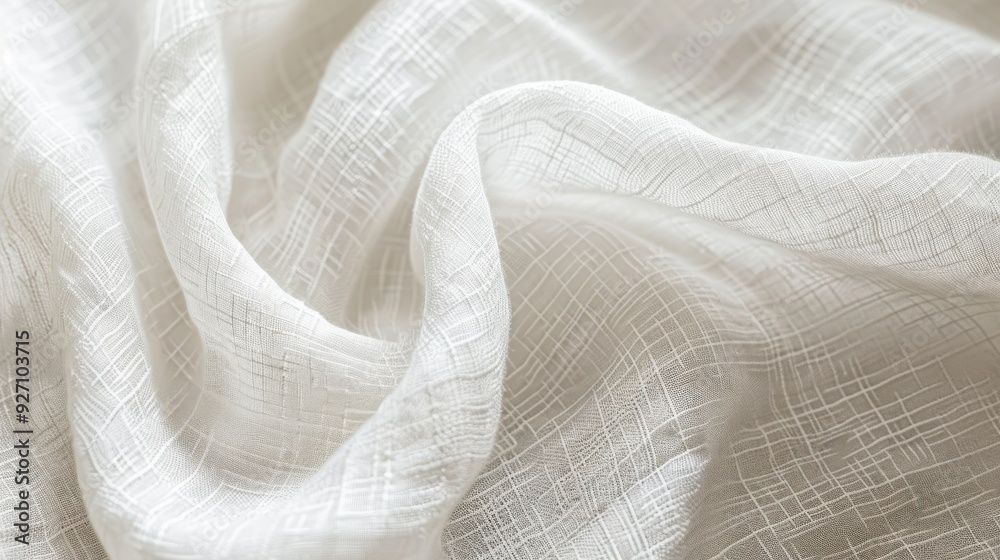 Aufkleber A close-up shot of a white fabric with a subtle grid pattern. The fabric is wrinkled and textured, creating a soft and delicate look. The background is blurred, drawing attention to the detailed surfa