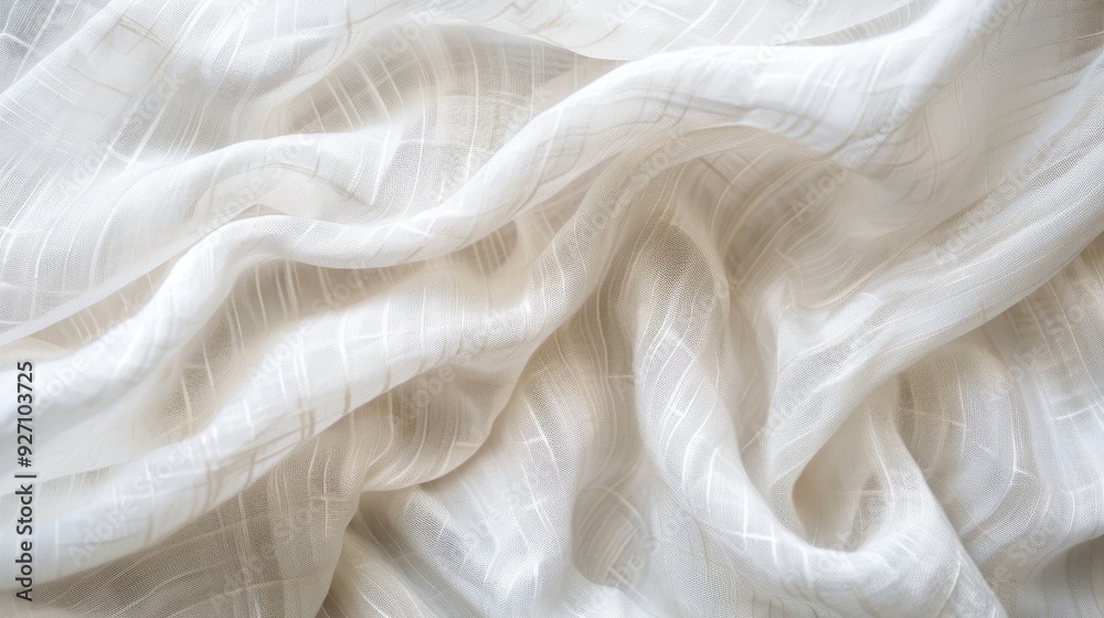 Poster The image shows a close-up of white fabric with a delicate embroidered pattern. The fabric is soft and flowing, creating a sense of movement and texture. The embroidered design is subtle, adding a tou