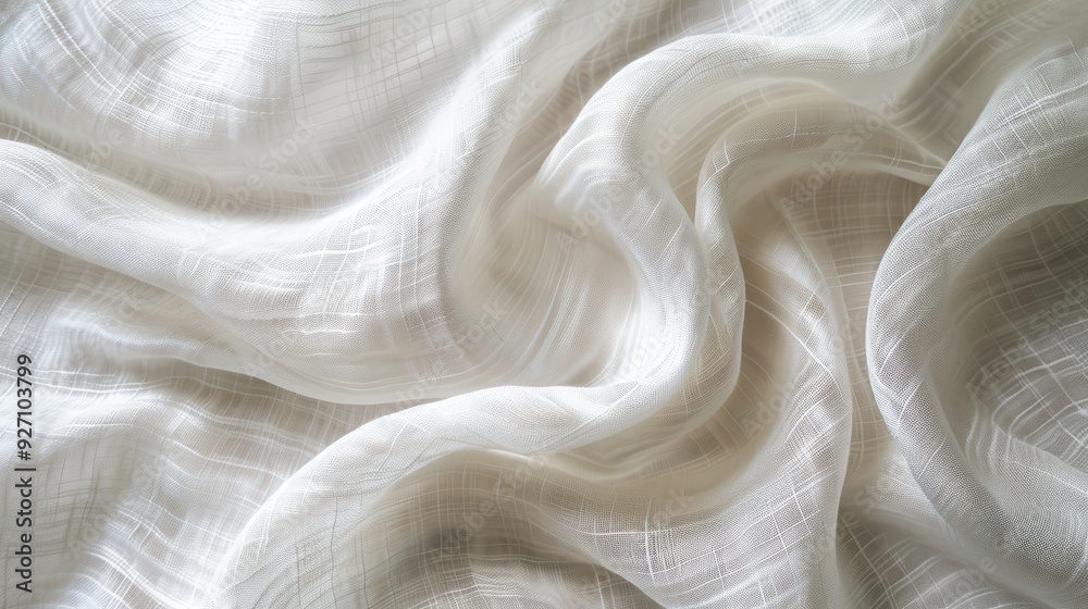 Fototapete A close-up image of white fabric with a textured surface. The fabric is draped in soft, flowing folds, creating an abstract pattern of light and shadow. The texture is clearly visible, adding a sense 