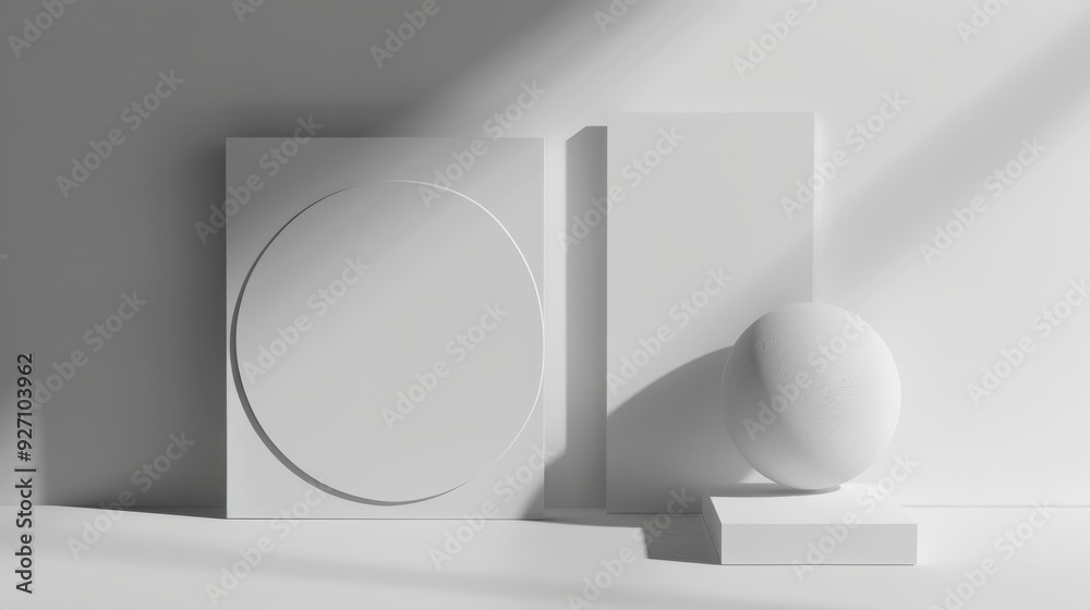 Poster A white sphere rests on a square platform, positioned in front of a white wall with a square recess and a vertical rectangular plane. Sunlight casts a soft shadow across the scene, highlighting the mi