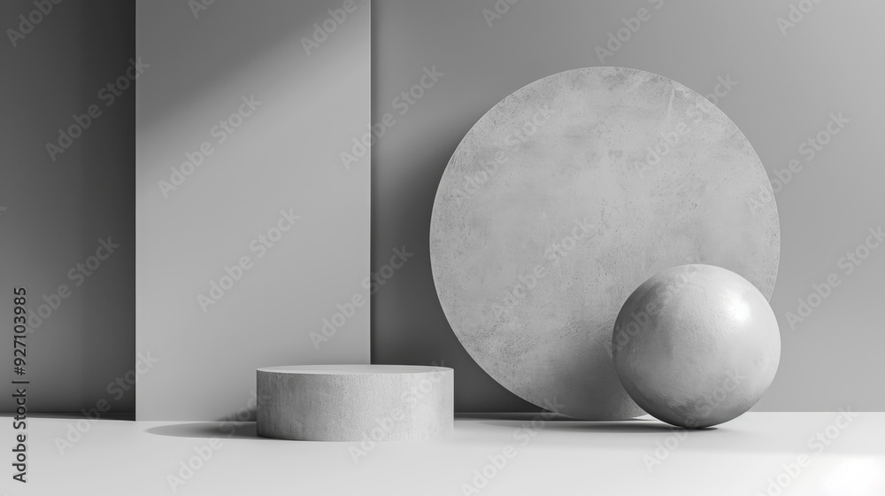 Aufkleber a grayscale photograph of a simple, minimalist still life. a round cylinder sits in front of two gre