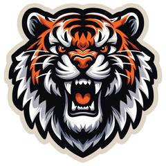 Fierce tiger head illustration, vibrant colors, sports mascot or team logo, energetic design