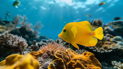 Obraz premium A vibrant yellow tang fish darting through the coral in a tropical reef, surrounded by other marine life