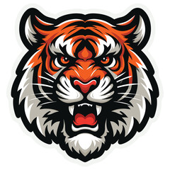 Fierce tiger head illustration in vibrant colors, branding logo, sports team mascot design