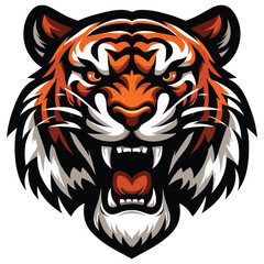 Obraz premium Fierce roaring tiger head artwork in orange and black against white background, logo design