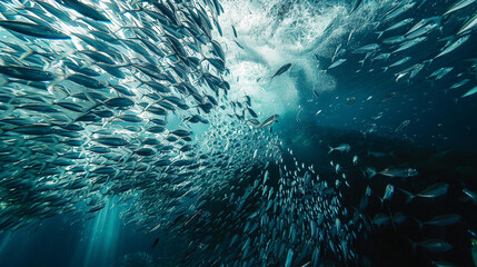A large school of fish swimming together, creating a shimmering silver wave in the ocean