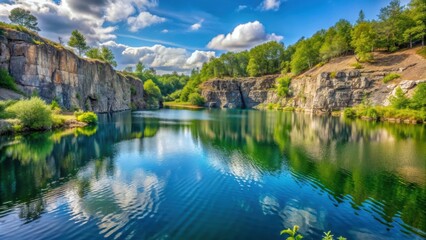 Fishing lake in disused quarry surrounded by rocky cliffs and trees, fishing, lake, quarry, nature, landscape, water