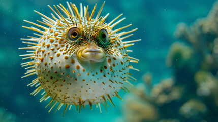 A close-up of a pufferfish with its spines extended, floating cautiously in the water
