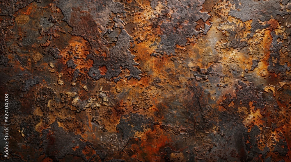 Poster a close-up image showcasing the intricate details of rusted metal. the surface is covered in a thick