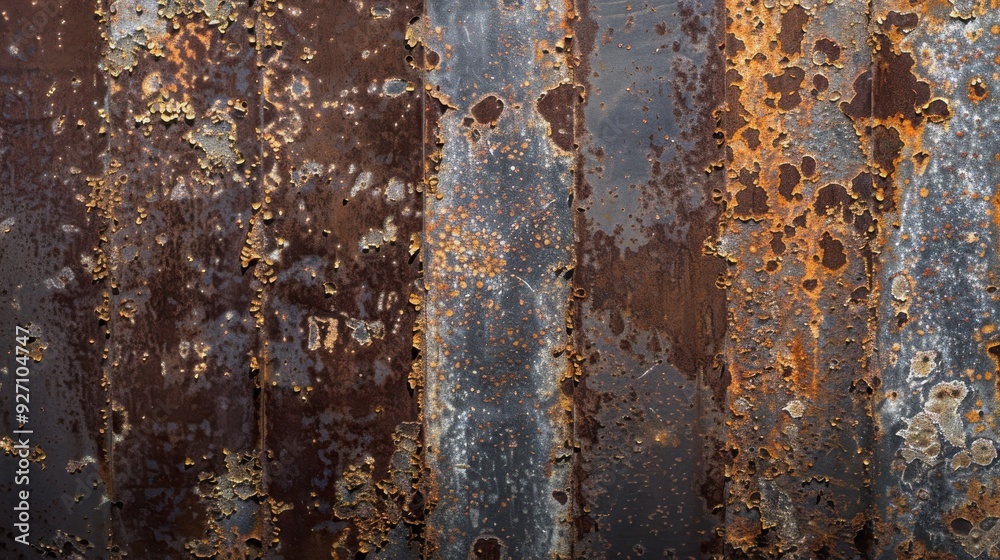 Poster A close-up photo of a metal surface with several vertical panels covered in rust. The metal is mostly brown with orange and gray patches of rust. The texture is rough and uneven.