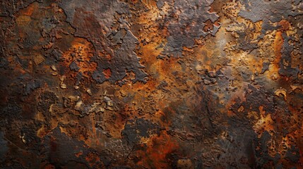 A close-up image showcasing the intricate details of rusted metal. The surface is covered in a thick layer of rust, with various shades of brown, orange, and red. The texture is rough and uneven, with