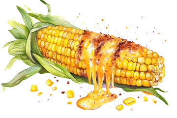 Delicious corn on cob dripping with melted cheese, evoking sense of indulgence and satisfaction. Perfect for food lovers!