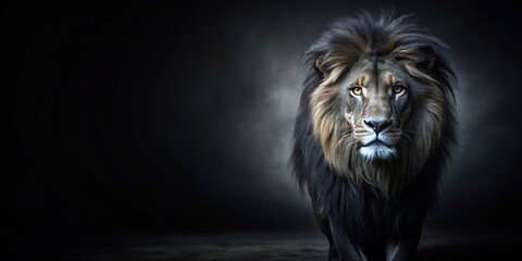 Enigmatic chimera black lion emerging from shadows, mysterious, mythical, creature, majestic, fierce, shadowy, beast
