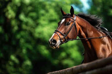 Close-up shot of a beautiful bay horse with a bridle, set against a lush green background in a natural setting.