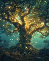 Enchanting glowing tree surrounded by magical lights and butterflies in a mystical forest setting.