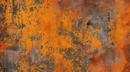 A close-up shot of a rusty metal surface with peeling orange paint, revealing the rusted metal underneath. The paint is chipped and cracked, creating a textured surface with a variety of colors, inclu