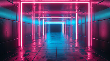 an image of a long, narrow space with pink and blue neon lights.