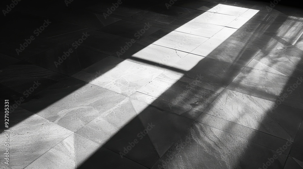 Leinwandbilder A single beam of sunlight shines diagonally across a tiled floor. The light casts shadows from the window frame, creating a geometric pattern on the tiles.
