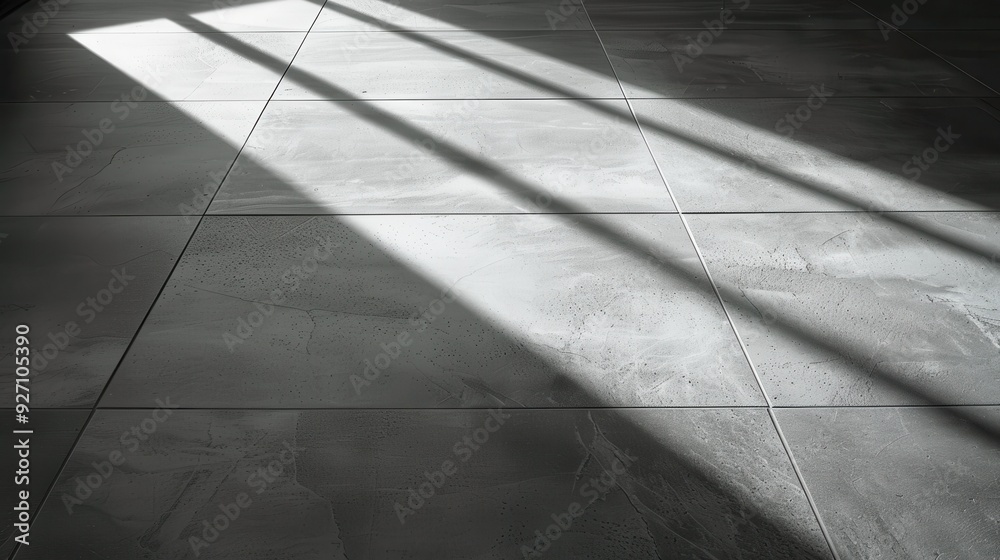 Poster A close-up view of a grey tile floor with sunlight streaming through a window, creating long, thin shadows across the surface.