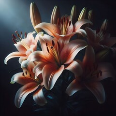 Beautiful pink lilies submerged underwater with droplets in a dark setting