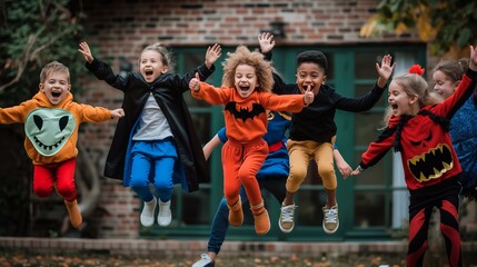 Excited children jumping in the air wearing halloween costumes. They are outdoors on a paved driveway with a brick house in the background