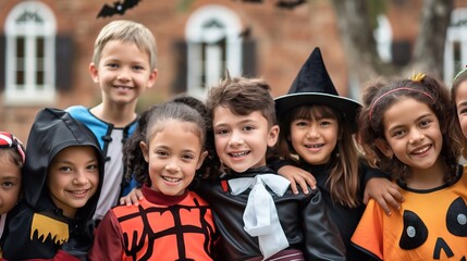 Children in halloween costumes having fun outdoors, smiling and celebrating together. A diverse group of kids enjoying the festive holiday event