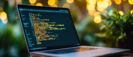Laptop displaying colorful code on screen with bokeh effect background, highlighting programming concept in an outdoor setting.