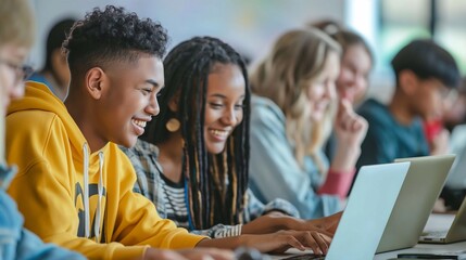 Black university student is smiling while using a laptop in class, surrounded by classmates in a modern university lecture hall or college