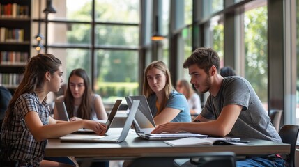 Young people collaborating on a project in a bright, modern library, studying together using laptops and books, focused and engaged, sharing knowledge and learning as a team at school or university