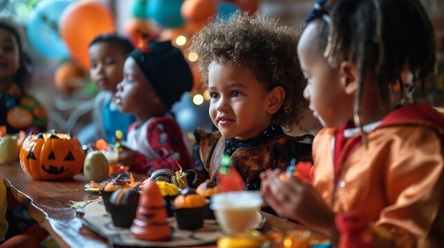 Group of cheerful children wearing halloween costumes enjoying a party, sitting at a table full of sweets and carved pumpkins