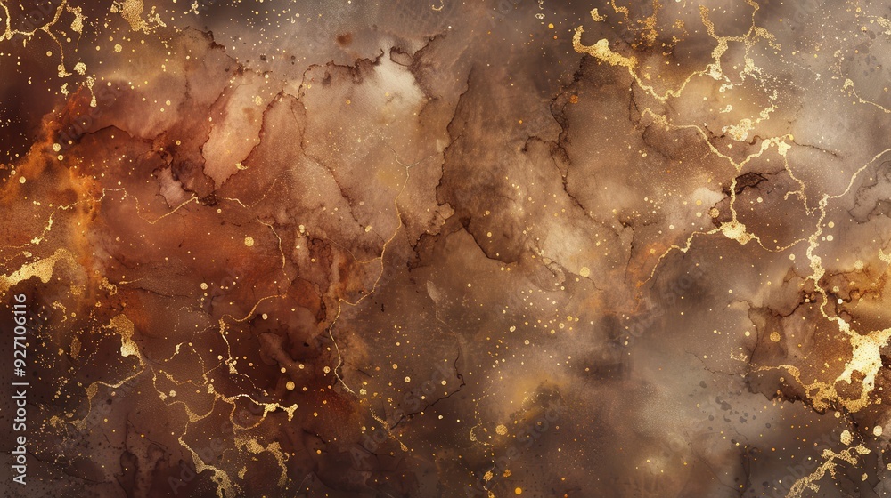 Poster a close-up shot of a brown and gold abstract watercolor painting. the paint has been swirled and spl