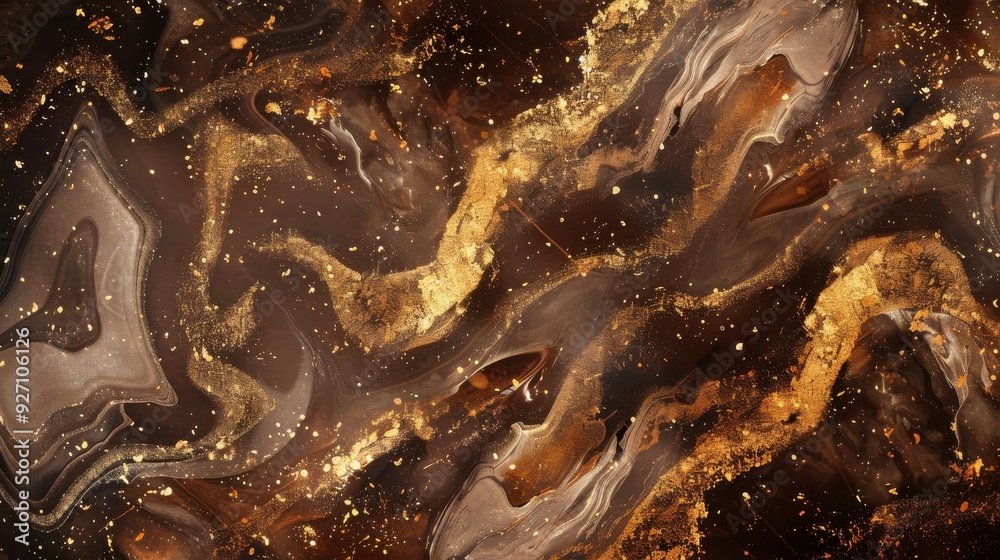 Poster a close-up, abstract image of brown and gold liquid marble art, featuring swirling, flowing patterns