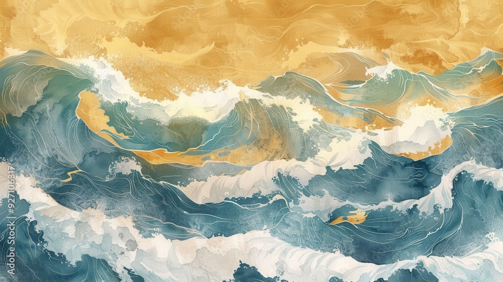 Poster a digitally rendered abstract painting depicts stylized ocean waves with splashes of white and a bac