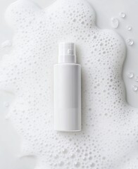 Cosmetic mockup, white bottle with foam, skincare product photograph