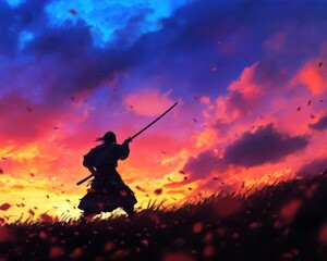 Silhouette of a samurai warrior holding a katana, standing in a field with a dramatic sunset sky in the background.