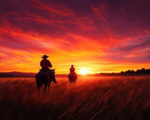 Fototapeta premium Silhouetted cowboys riding horses through a field during a beautiful sunset, capturing the essence of the Wild West spirit.