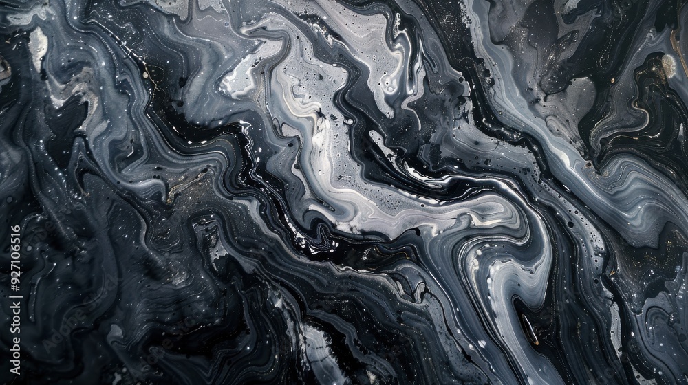 Poster a close-up image of a black and white paint texture, with swirling patterns and a slightly glittery 