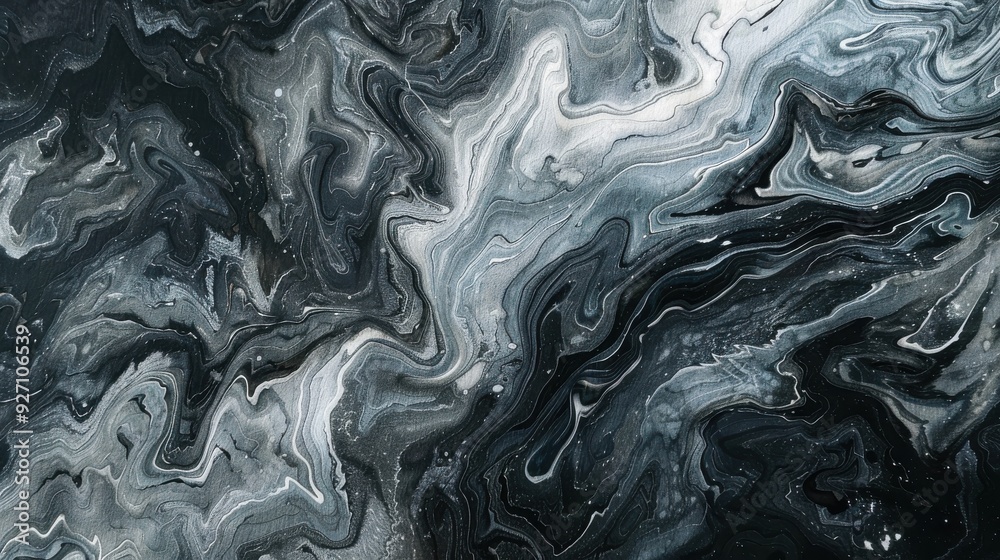 Poster black and white paint swirls and mixes together, creating a dramatic abstract pattern that resembles