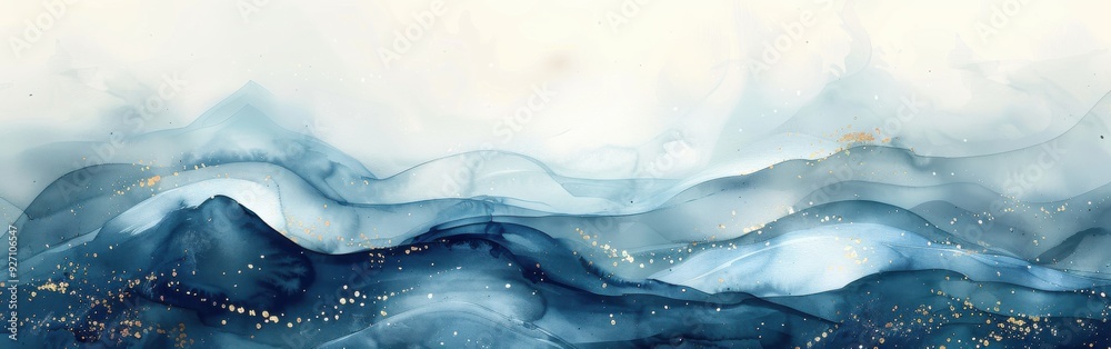 Poster an abstract painting depicting a mountainous landscape in shades of blue and gold. the painting uses