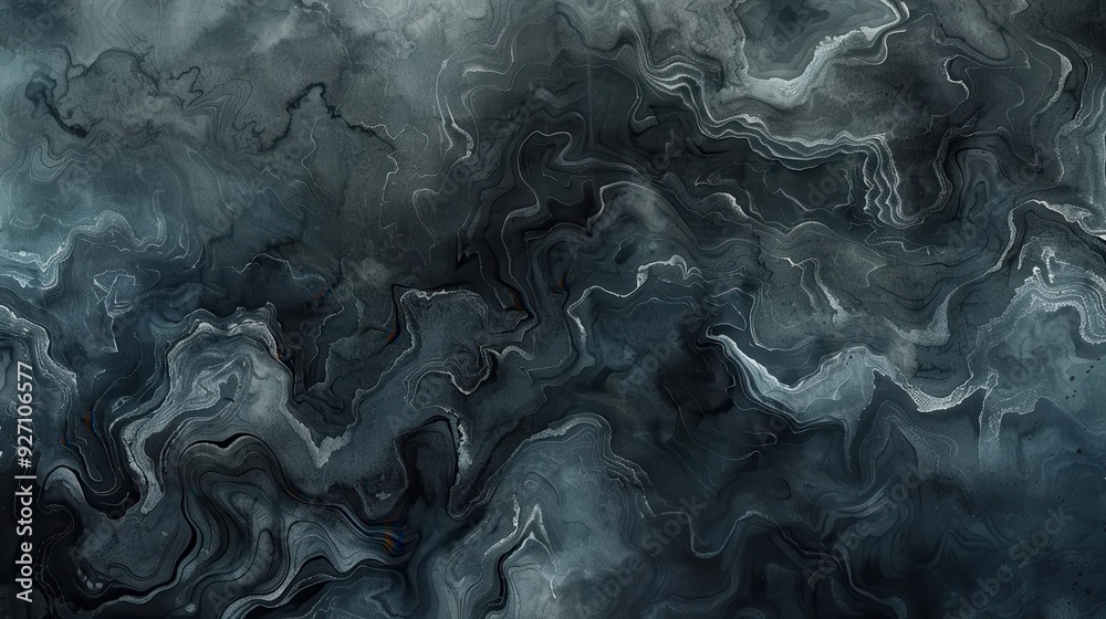 Leinwandbilder A digitally rendered image showing a close-up of an abstract black and white marble texture with a swirling, flowing pattern. The white lines of the marble swirl and twist against the dark black backg