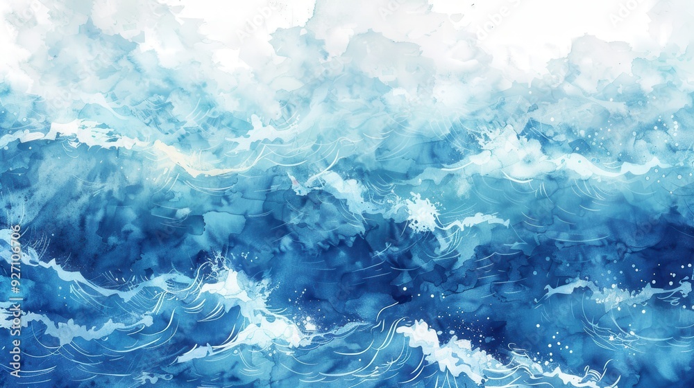 Poster A watercolor painting of a turbulent ocean with rolling blue waves and white foam, depicting a dynamic seascape. The blue hues range from deep indigo to light azure, adding depth and movement to the a